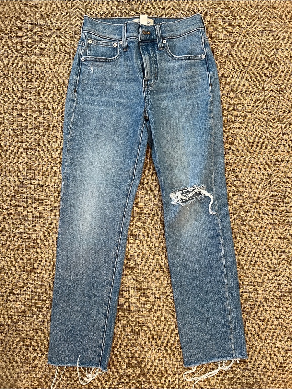 Madewell Mid-Blue High Rise Straight-Leg Jeans with Knee Distress